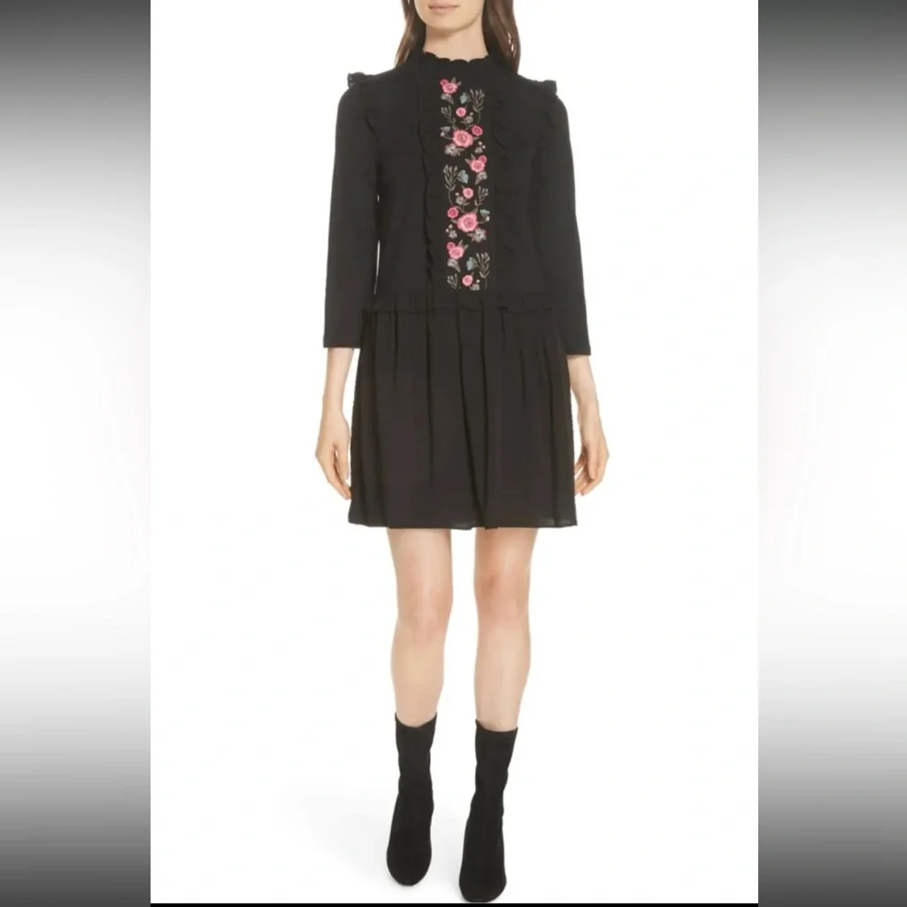 Kate Spade Black Floral Broome Street Embroidered Ruffle Mixed‎ Media Mini Dress